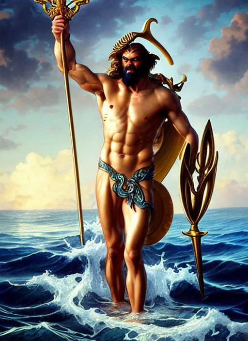 Image similar to Poseidon the God of Sea holding a golden trident, upper body, realistic photo, masculine, Greek God, D&D, fantasy, intricate, cinematic lighting, highly detailed, digital painting, artstation, concept art, smooth, sharp focus, illustration, art by Artgerm and Greg Rutkowski and Alphonse Mucha