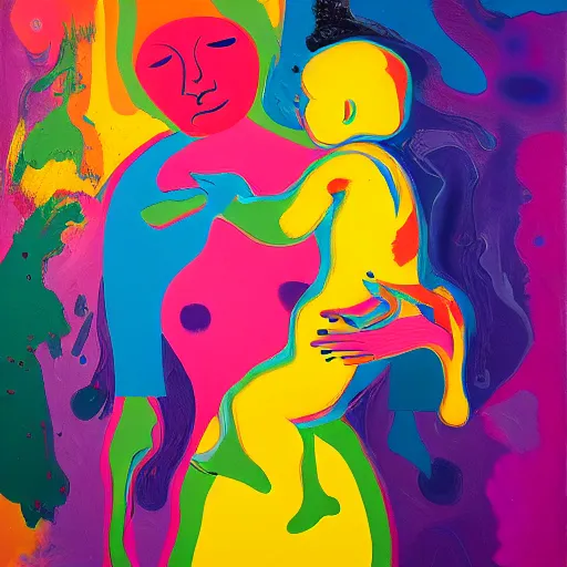 Prompt: woman holding a baby, an ultrafine detailed painting by peter max and francis bacon and fiona rae and hernan bas and anna mond, featured on deviantart, metaphysical painting, biomorphic, mixed media, photorealistic, dripping paint, palette knife texture, masterpiece