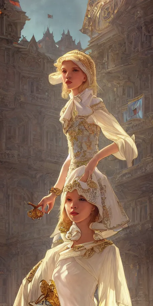 Image similar to sasha luss, mayors daughter, smart, clever, cheeky, elegant fantasy dress, town hall, intricate, highly detailed, digital painting, artstation, concept art, smooth, sharp focus, illustration, Unreal Engine 5, 8K, art by artgerm and greg rutkowski and alphonse mucha, by Jesper Ejsing