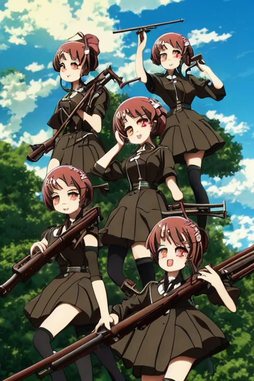 Prompt: anime key visual of maids going over the top, old bolt action rifles, official digital media illustrated in style of classical baroque, 1 9 1 8 colorized footage of the great war, trenches bombs, trending on artstation