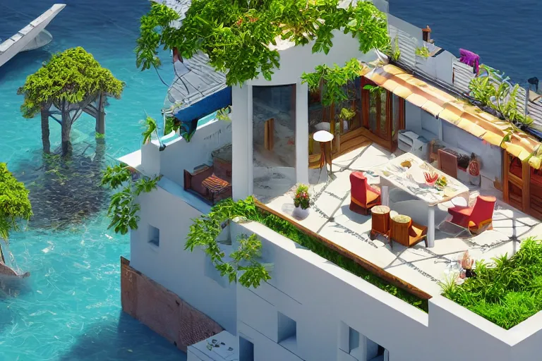 Image similar to a villa with a balcony beside the sea, umbrella, table, juice and liquid, recliner, isometric art, bright, artstation, highly detailed, cinematic lighting + masterpiece