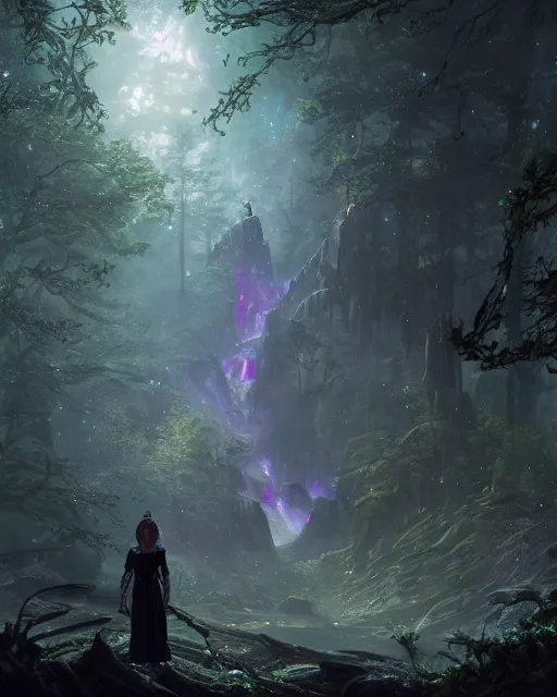 Prompt: a anya taylor joy as dnd elf with black hair black dress as pathfinder in a nebula forest by greg rutkowski, high key lighting, volumetric light, digital art, highly detailed, fine detail, intricate, ornate, complex, octane render, unreal engine, photorealistic digital painting, artstation, concept art, sharp focus, art by greg rutkowski and alphonse mucha