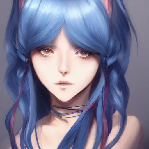 Prompt: full headshot portrait of a girl with long blue hair, drawn by WLOP, by Avetetsuya Studios, attractive character, colored sketch anime manga panel, trending on Artstation