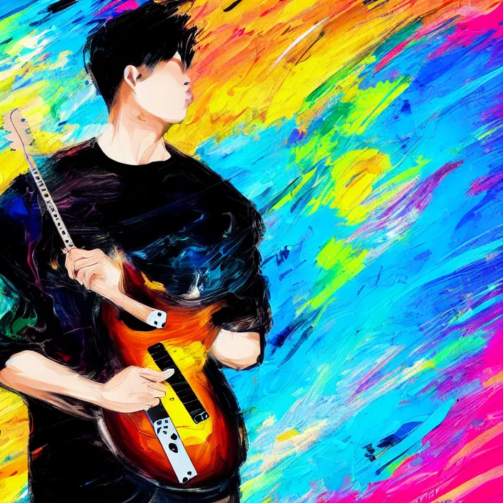 Prompt: abstract swirly brush strokes painting of a young korean man wearing black t shirt holding a telecaster!!! electric guitar!!, dark swirly background, huge dramatic brush strokes, matte colors, abstract, masterpiece, impressionist, trending on artstation