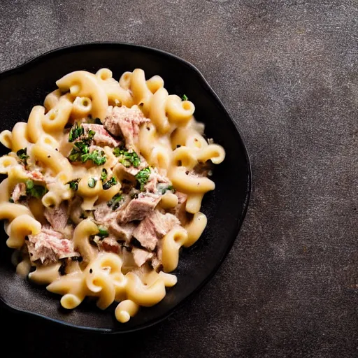 Image similar to tuna mac and cheese food photography black background soft focus in the style of Alan De Herrera