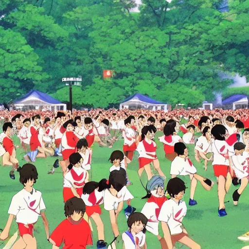 Prompt: sports festival, very crowded, sports tournament, school, studio ghibli