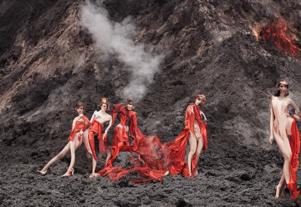 Image similar to fashion editorial in volcano eruption.