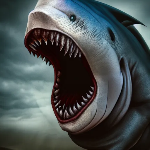 Image similar to portrait of king shark ,Grim fantasy, D&D, HDR, natural light, shoulder level shot, dynamic pose, award winning photograph, Mucha style 4k,