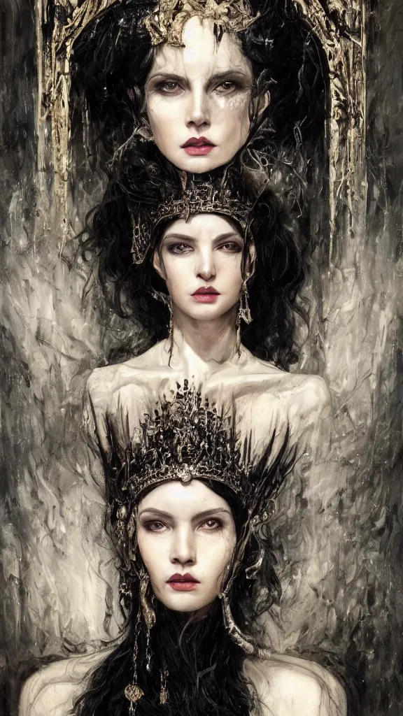 Prompt: a beautiful black haired woman with pale skin and a crown on her head sitted on an intricate metal throne, intimidating woman, large black eyes, high forehead, smooth pale skin, ethereal skin, ominous, eldritch. oil painting by nuri iyem, james gurney, james jean, greg rutkowski, highly detailed, soft lighting, chiaroscuro