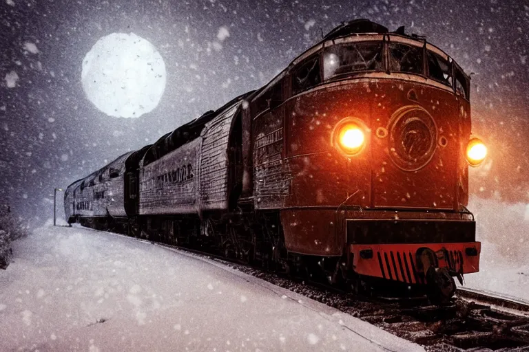 Image similar to an old locomotive rushing through snow storm in high speed, white steam on the side, dark smoke with fire! from the pipes, dynamic angled shot, speed lines, fire particles and snowflakes everywhere, 8 k, by jean - baptiste monge, 1 6 k, eerie moon eclipse cinematic scenery