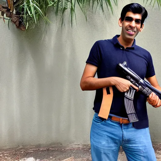 Image similar to Medium shot photograph of Rishi Sunak politician holding an AK-47, 8k, ultrahd