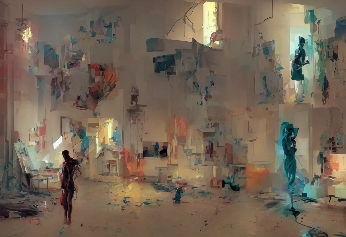 Image similar to sad and heartbreaking painting of an empty apartment in tel aviv, vivid colors, neon, art by ( ( ( kuvshinov ilya ) ) ) and wayne barlowe and francis bacon and artgerm and wlop and william - adolphe bouguereau