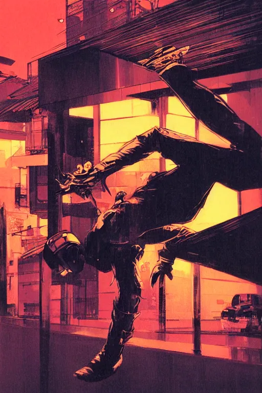 Prompt: a ninja jumping from the roof on a rainy night by syd mead, boneface, yoji shinkawa