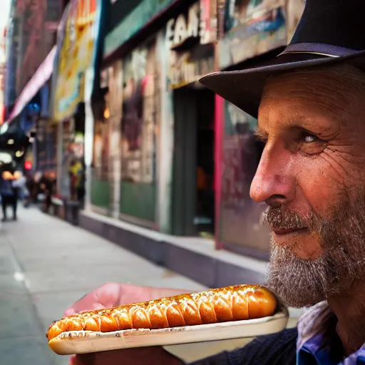 Prompt: closeup portrait of a snake oil salesman selling hotdogs in a smoky new york back street, by Annie Leibovitz and Steve McCurry, natural light, detailed face, CANON Eos C300, ƒ1.8, 35mm, 8K, medium-format print