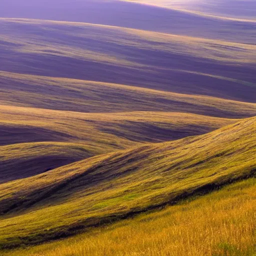 Prompt: open field of teeth, rolling hills, mist, valley, downhill