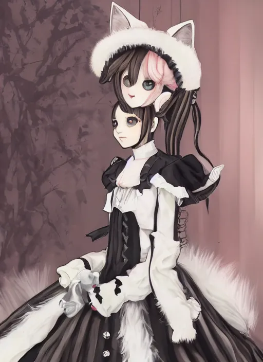 Image similar to digital painting of a cat wearing a gothic lolita dress with a cross pattern and platform boots, fursona, furry art, detailed white fur, detailed dress, makoto shinkai and akihiko yoshida and hidari and wlop