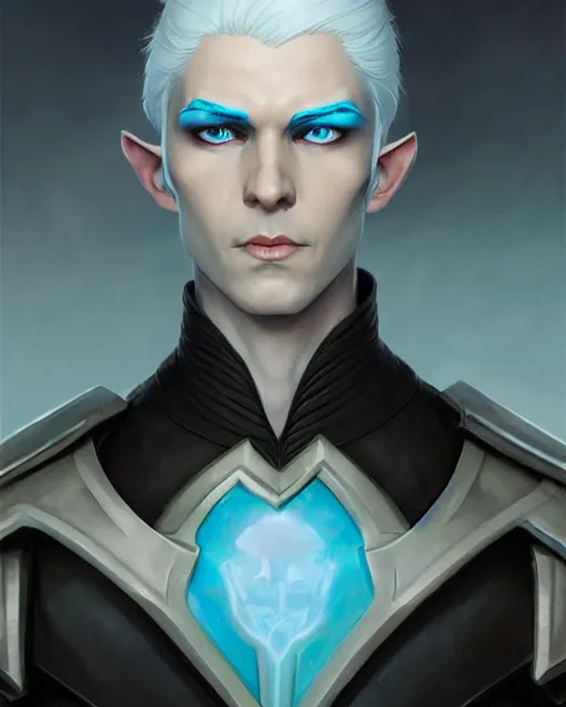 Image similar to character portrait of a slender young half elven man with white hair, piercing turquoise blue eyes, and pale blue skin, wearing sleek black armor, by greg rutkowski and mark brookes and jim burns and tom bagshaw and magali villeneuve, trending on artstation