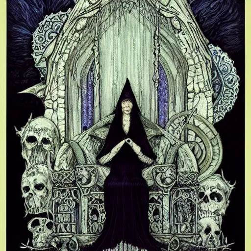 Image similar to the gothic wiccan beautiful queen witch occult woman sitting atop her throne made of skulls by gerald brom by anna steinbauer by kelly mckernan by edward gorey, trending on artstation