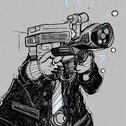 Image similar to cyberpunk cat in suit holding laser gun sketch