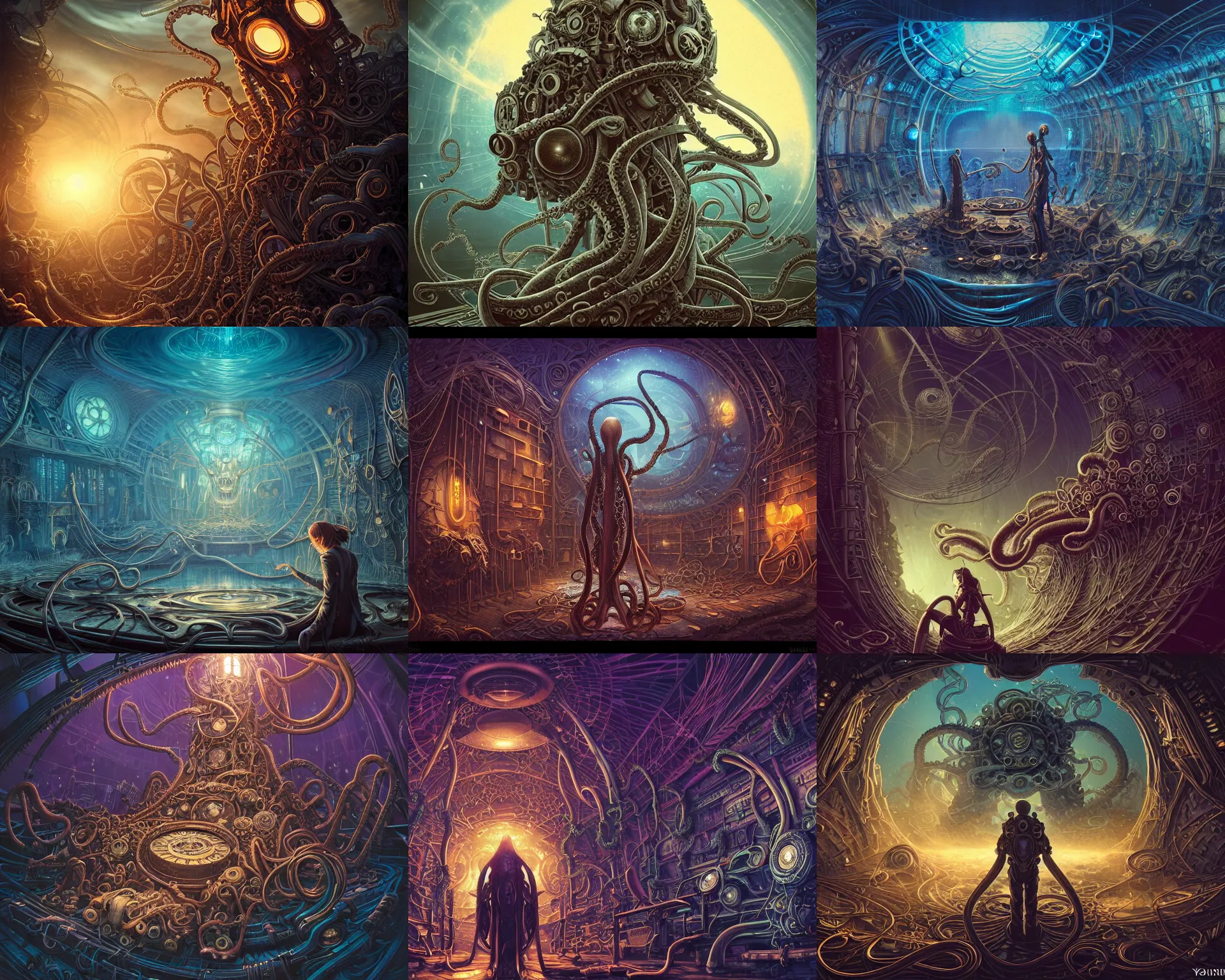 Prompt: dreaming of the possibilities of the universe the stage of the underworld the ghosts of souls of tomorrowland of the dark hallows the tentacles of this steampunk exoskeleton by dan mumford, yusuke murata, makoto shinkai, ross tran, cosmic, heavenly, god rays, intricate detail, cinematic, cel shaded, unreal engine, featured on artstation, pixiv