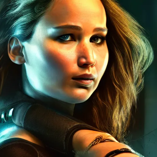 Image similar to jennifer lawrence portrait, cyberpunk 2 0 7 7, cyberpunk judy alvarez, photorealistic, ultra detailed, neon, octane, bokeh, cinematic lighting, cyber, cyberpunk city, studio quality, feature, scars, cyberface, 8 k