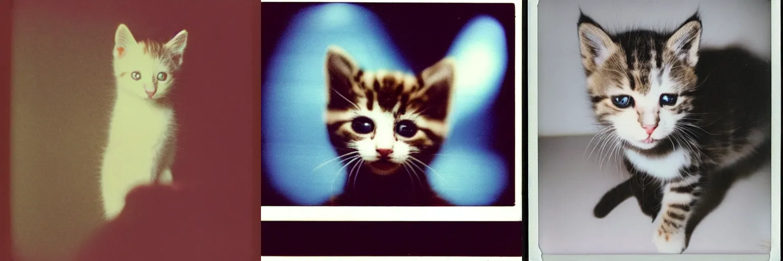 Prompt: overexposed Polaroid photo of a kitten getting scared, bright camera flash, 1990