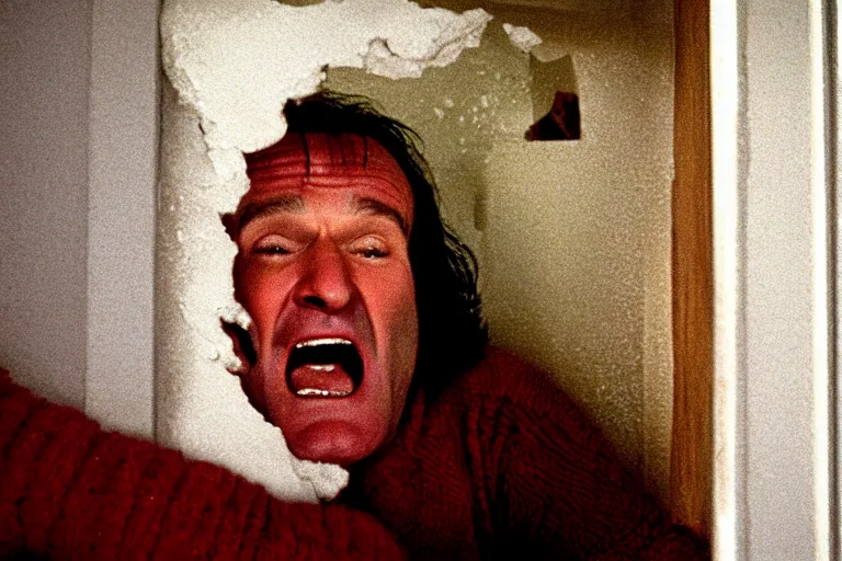 Image similar to Robin Williams as Jack Torrance peaking through hole in door in The Shining 1980