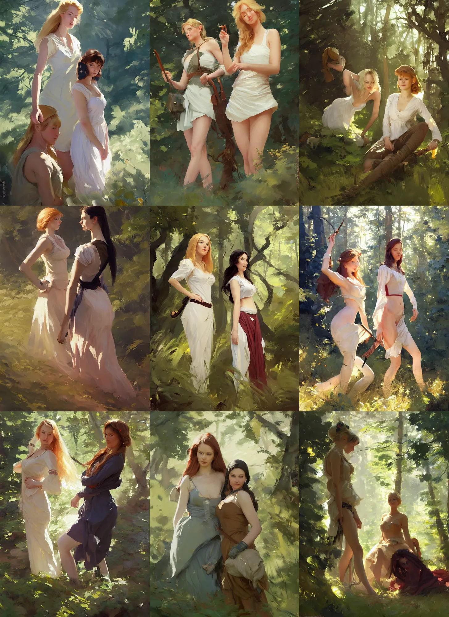 Prompt: portrait of two beautiful finnish norwegian swedish attractive maidens in the woods in a sunny day, jodhpurs greg manchess painting by sargent and leyendecker, studio ghibli fantasy medium shot asymmetrical intricate elegant matte painting illustration hearthstone, by greg rutkowski by greg tocchini by james gilleard