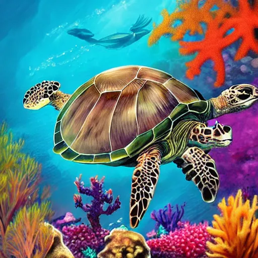 Image similar to the majestic sea turtle eats beautiful coral amongst the brightly colored sea life, digital art artstation