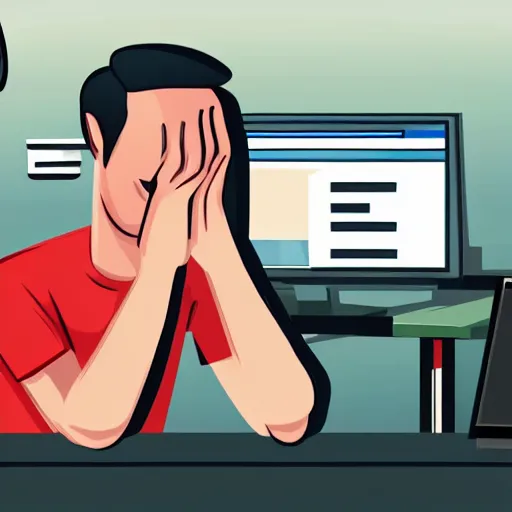 Prompt: A frustrated software developer crying because his code doesn't work, digital art, cartoon, funny. 4k.