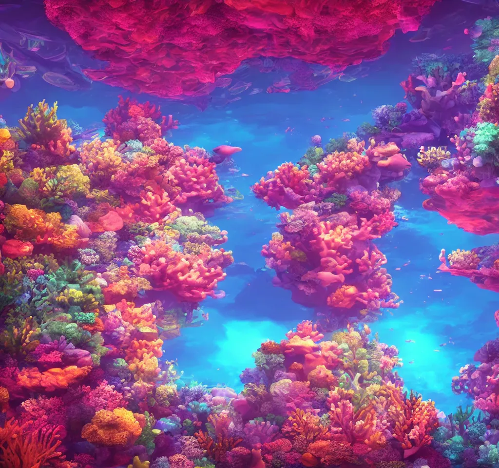 Image similar to underwater neon coral reef landscape magical realism painting with sun rays coming from above, neon pastel colors, octane render, maya, cinema 4d