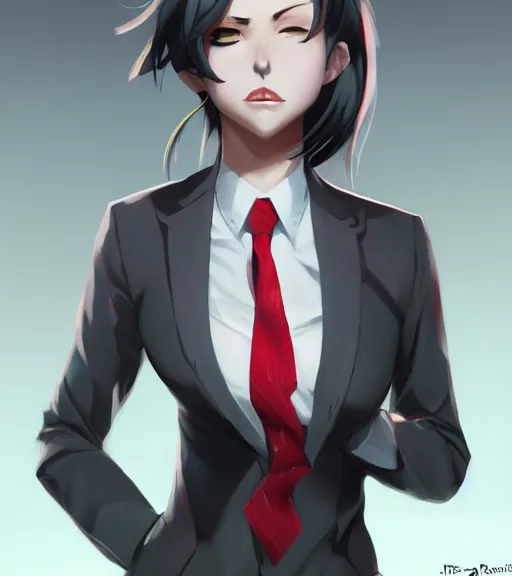 Image similar to a girl in a business suit, close up, sharp focus, red necktie, grey hair, full body shot, pixiv, digital painting, by tran ross and jordan grimmer, anime art, artstation, hd, smooth