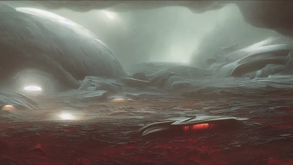 Prompt: otherworldly atmosphere of an alien planet by arthur haas and bruce pennington and john schoenherr, cinematic neon lights matte painting, zaha hadid building, 8 k realistic, stormy rainfall, dark moody colors