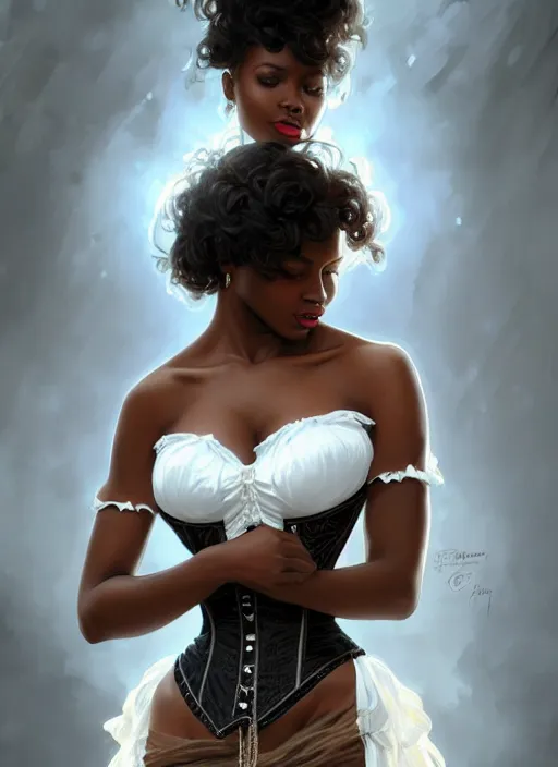 Image similar to cute black woman wearing a white corset dress, fantasy, intricate, highly detailed, digital painting, artstation, concept art, wallpaper, smooth, sharp focus, illustration, art by artgerm and greg rutkowski and alphonse mucha