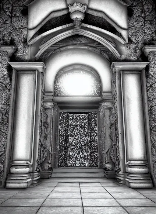 Prompt: ink illustration of the entrance to ethereal realm, rendered in unreal engine, central composition