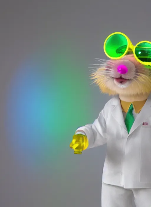 Image similar to a 3D render of a cute fuzzy pet rat dressed in a white lab coat and safety goggles, mixing colorful chemicals in a chemistry lab, bokeh, Canon 50mm, cinematic lighting, volumetric light, octane, octane render, redshift render