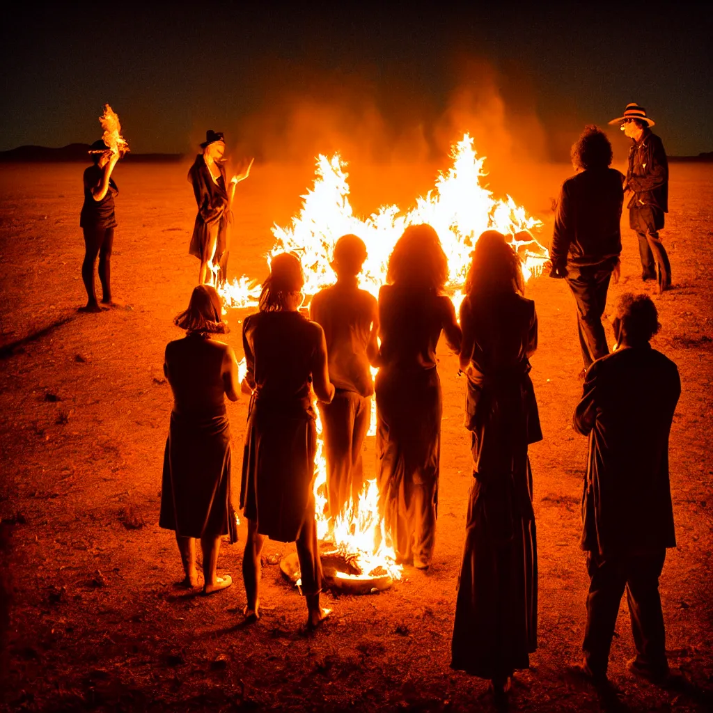 Image similar to atmospheric photograph of three ravers, two men, one woman, woman is in a trenchcoat, blessing the soil at night, seen from behind, fire circle, two aboriginal elders, dancefloor kismet, diverse costumes, clean composition, desert transition area, bonfire, atmospheric night, australian desert, symmetry, sony a 7 r