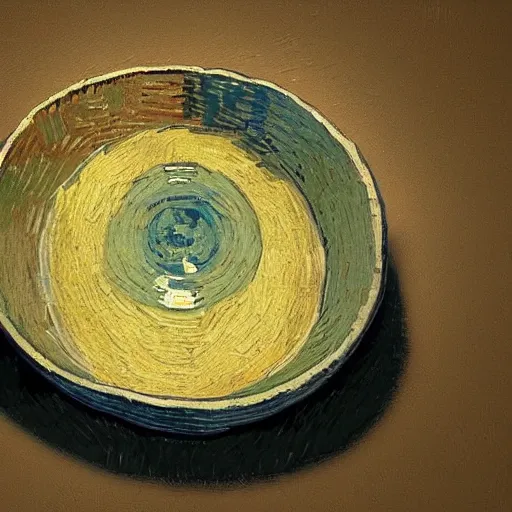 Prompt: vincent van gogh [ within bowl ]!!! resting on table, trending on artstation, cgsociety, [ overhead view ]!!, 4 k quality, intricately defined, professional photography, complexly detailed, polycount