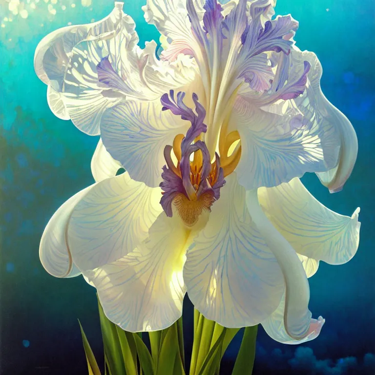 Image similar to detailed giant white holographic orchid iris hybrid flower surrounded by ocean waves, lsd water, lsd ripples, droplets, backlit, sunset, refracted lighting, art by collier, albert aublet, krenz cushart, artem demura, alphonse mucha