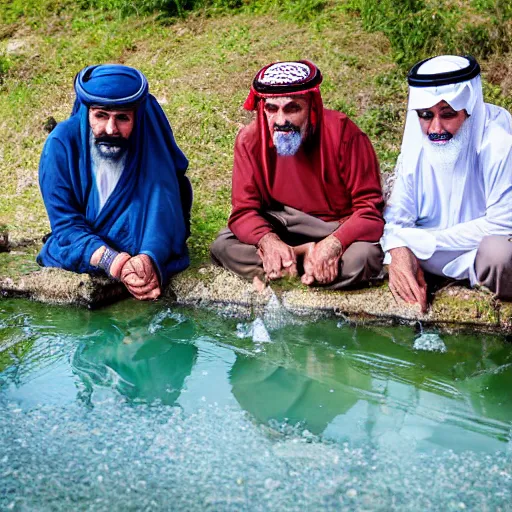 Prompt: Middle eastern wise men visit a fish hatchery in the rural countryside. Realistic, photographic quality.