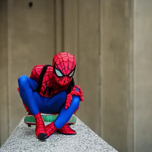 Image similar to Spiderman wearing backpack ,mellow , dramatic, sad ambience