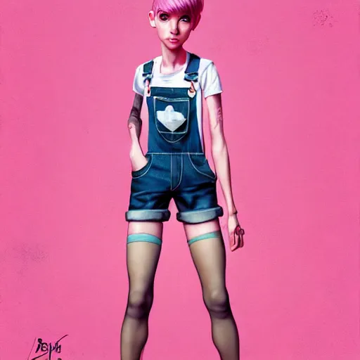 Image similar to full body pose, pixar, beautiful androgynous girl, pink pixie cut hair, torn overalls, short shorts, combat boots, fishnets, beautiful, highly detailed face, true anatomy!, extremely detailed!, digital painting, unreal engine 5, art by tom bagshaw