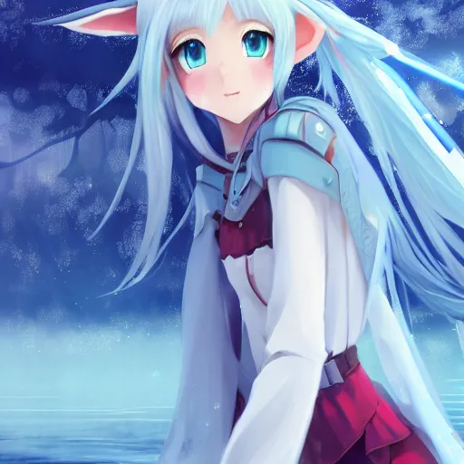 Prompt: a very beautiful anime elf girl, full body, long silver hair, sky blue eyes, full round face, short smile, casual clothes, ice snowy lake setting, cinematic lightning, medium shot, mid-shot, highly detailed, trending on Artstation, Unreal Engine 4k, cinematic wallpaper by Stanley Artgerm Lau, WLOP, Rossdraws, James Jean, Andrei Riabovitchev, Marc Simonetti, and Sakimichan