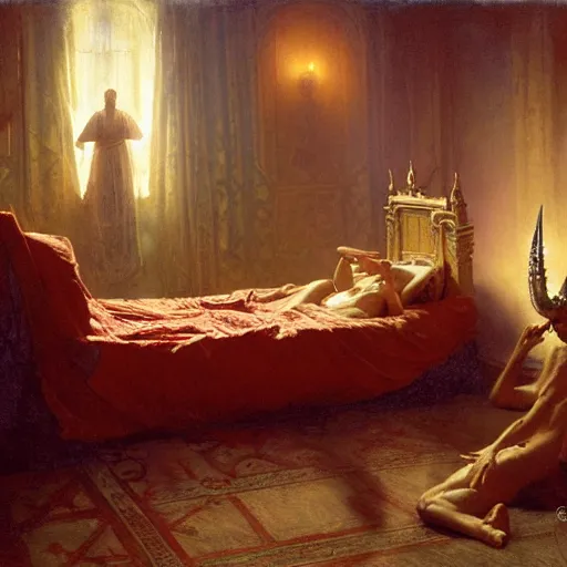 Image similar to the catholic pope in his bed, scared, because a horned demon is attacking him. highly detailed painting by gaston bussiere, greg rutkowski, craig mullins 8 k