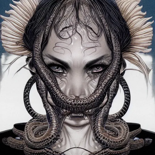 Image similar to x - ray portrait closeup of dark beautiful woman with snakes from her mouth, symmetrical, glitches, by yoichi hatakenaka, masamune shirow, josan gonzales and dan mumford, ayami kojima, takato yamamoto, barclay shaw, karol bak, yukito kishiro