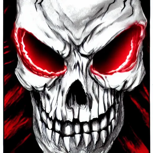 Image similar to horrific demon, skull face, red eyes, terror, horror, scary, nightmare, high quality, high resolution