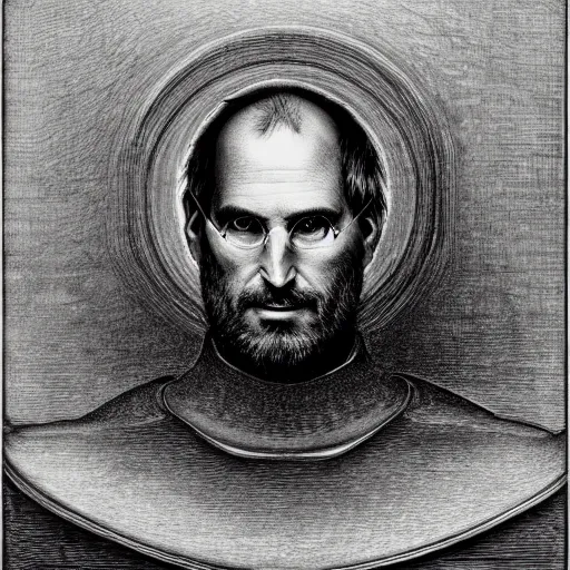 Image similar to portrait of steve jobs dramatic lighting by gustave dore and giger, museum print from copper plate etching, artstation