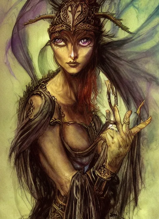 Image similar to portrait of young female sorceress of the endtimes, beautiful! coherent! dungeons and dragons character, by brian froud, strong line, night color, high contrast