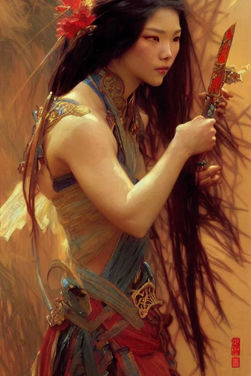 Image similar to attractive female, wuxia, painting by gaston bussiere, craig mullins, greg rutkowski, alphonse mucha