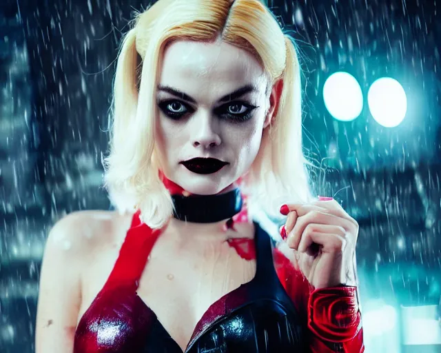 Image similar to closeup headshot of seductive margo robbie as harley quinn in the rain, wet skin, bokeh, street lights, fog, cyberpunk, bladerunner, backlit, night club, futurepunk, gta v, pinup, nagel, arney freytag, dark moody, cinematic, greg rutkowski, octane!